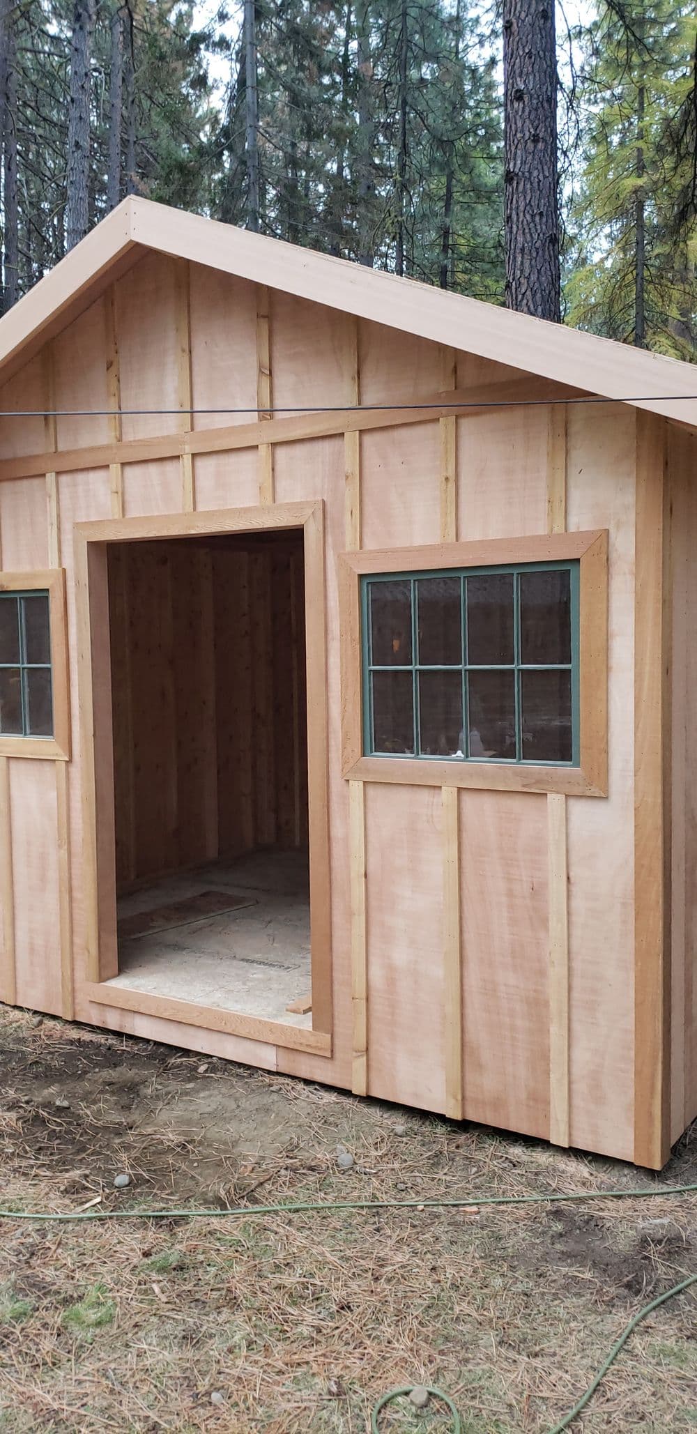 Wooden shed with windows, located in a forested area, featuring a front door and pine trees.