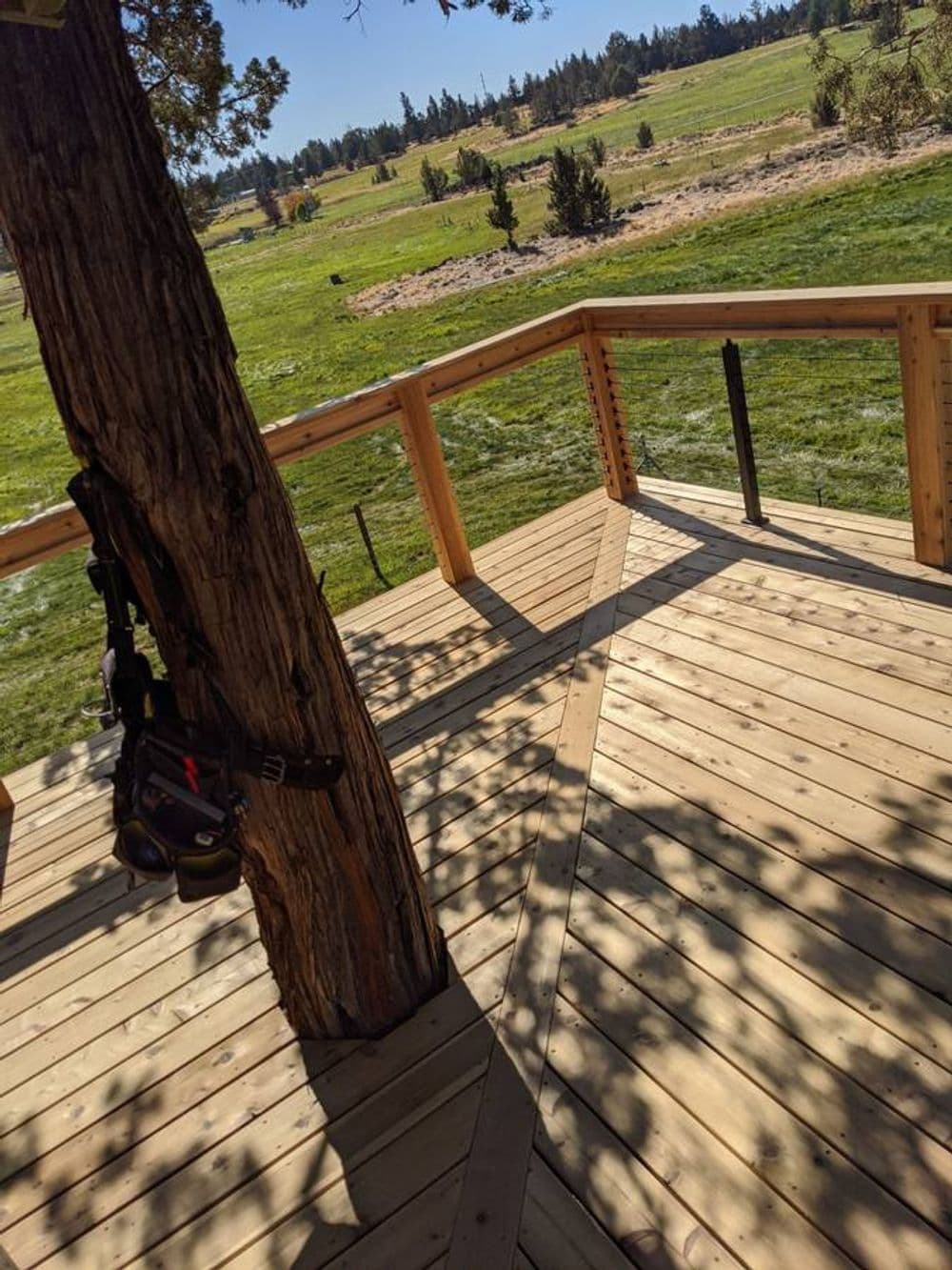 Wooden deck with a tree trunk support, surrounded by grassy fields and distant trees.
