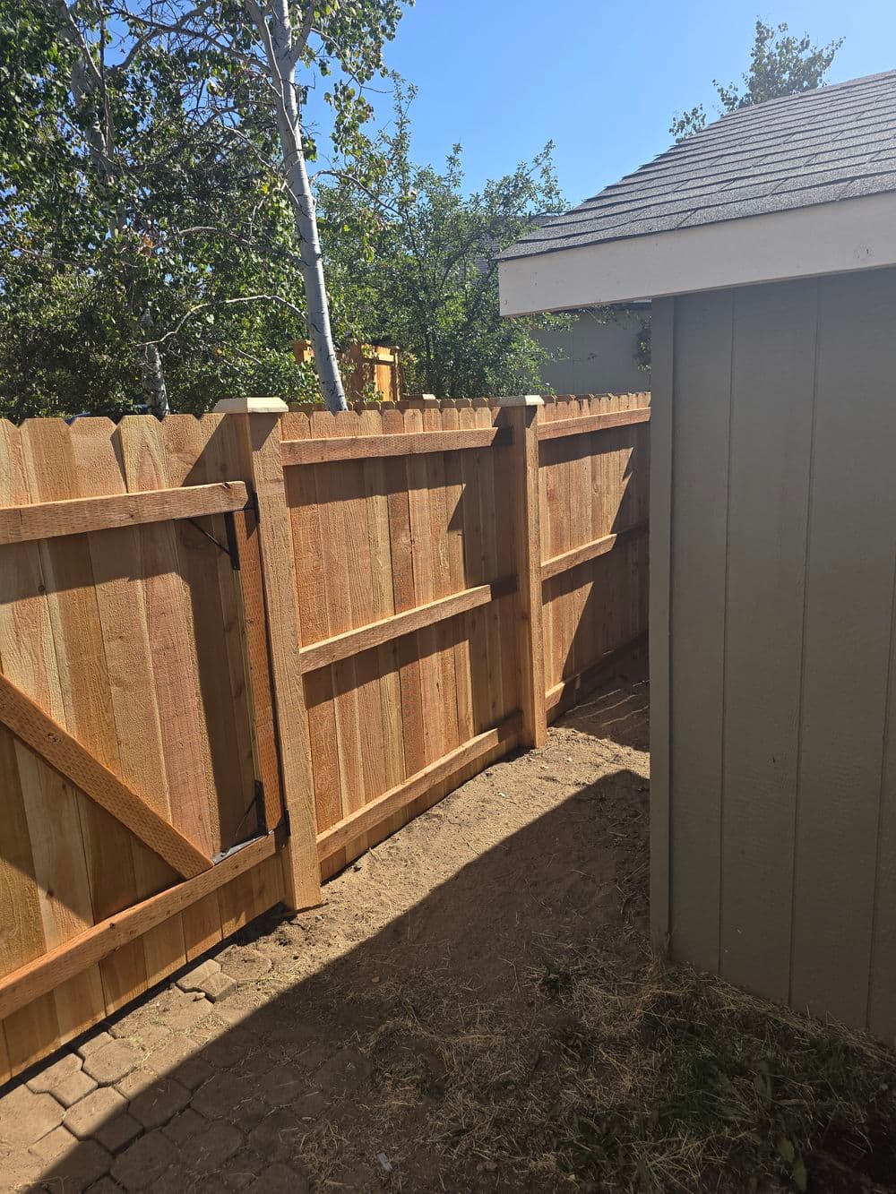 Wooden backyard fence with double gates, sunny day, greenery in the background.