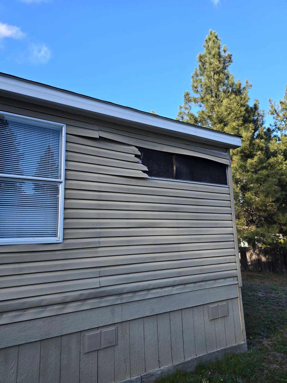 Damaged siding on a house with a broken window, surrounded by trees and clear blue sky.