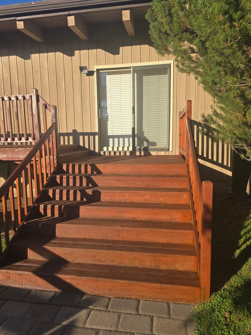 Outdoor wooden stairs leading up to a house with large windows and greenery.