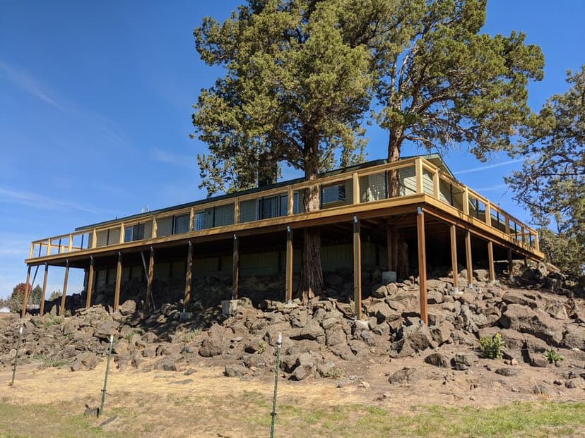Modern raised house perched on rocky terrain surrounded by trees under a clear blue sky.